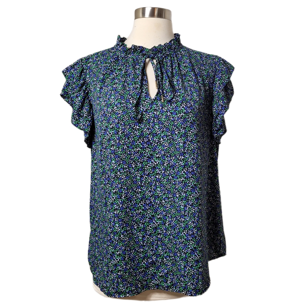 Anne Klein Floral Ruffle Keyhole Short Sleeve Blouse Size Large